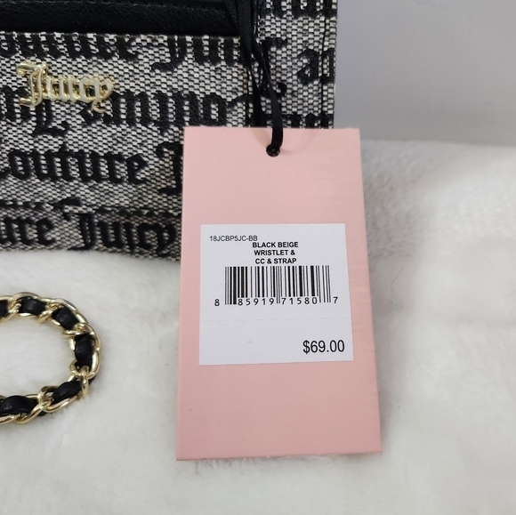 Juicy Culture Black Beige Floral Wristlet Credit Card Key Chain 2 Piece Set NWT - Picture 5 of 14